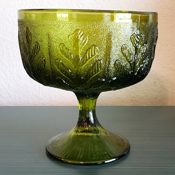 Vintage FTD 1978 Oak Leaf Olive Green Glass Compote Goblet Trinket Jewelry Dish - Picture 3 of 7
